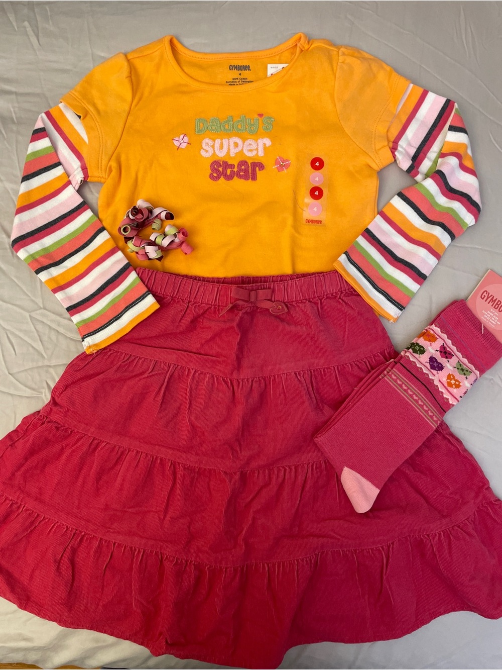 NWT 4pcs Gymboree Girls' Yellow 'Daddy's Super Star' Top Pink Skirt Knee Sock